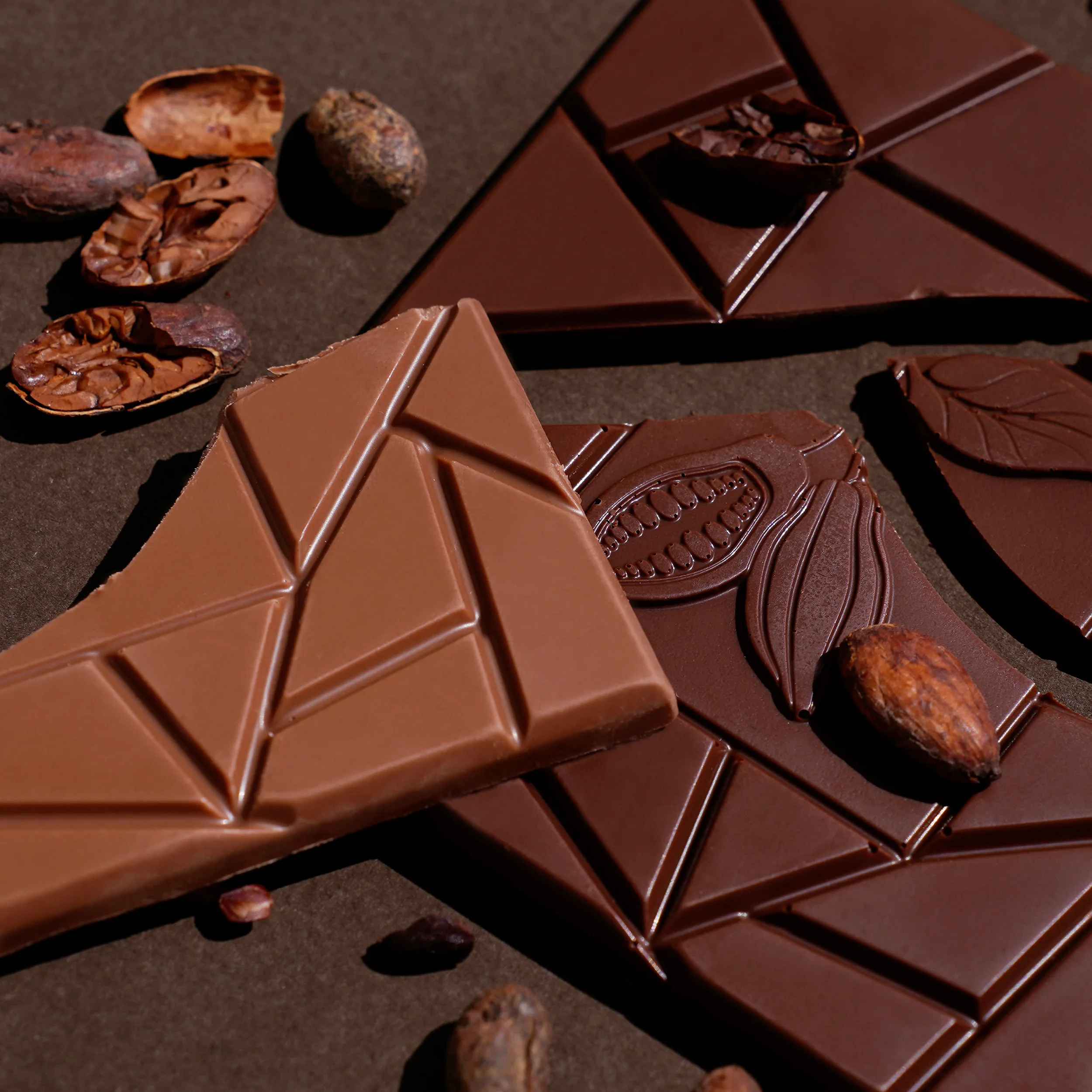 zwei gebrochene Schokoladentafeln in Milch- und dunkler Schokolade mit dem unregelmäßigen Bruchmuster von Pott au Chocolat auf dunkelbrunem Untergrund. Verstreut ein paar Kakaosamen teilweise aufgebrochen.