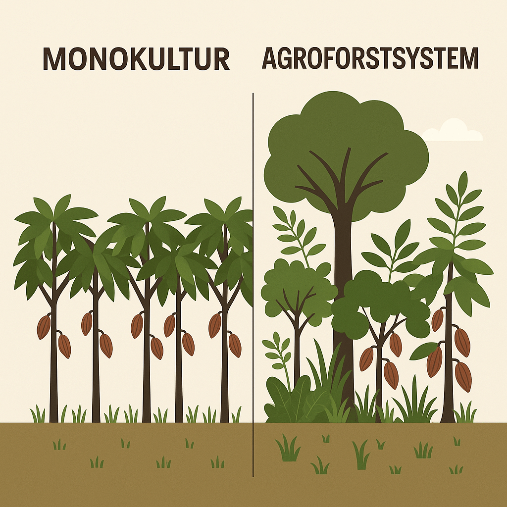 Illustriertes Schaubild, das Monokultur und Agroforstsystem gegenüberstellt: In der Monokultur sind ausschließlich Kakaobäume abgebildet; im Agroforstsystem werden neben Kakaobäumen auch mehrere unterschiedliche Baumarten dargestellt.