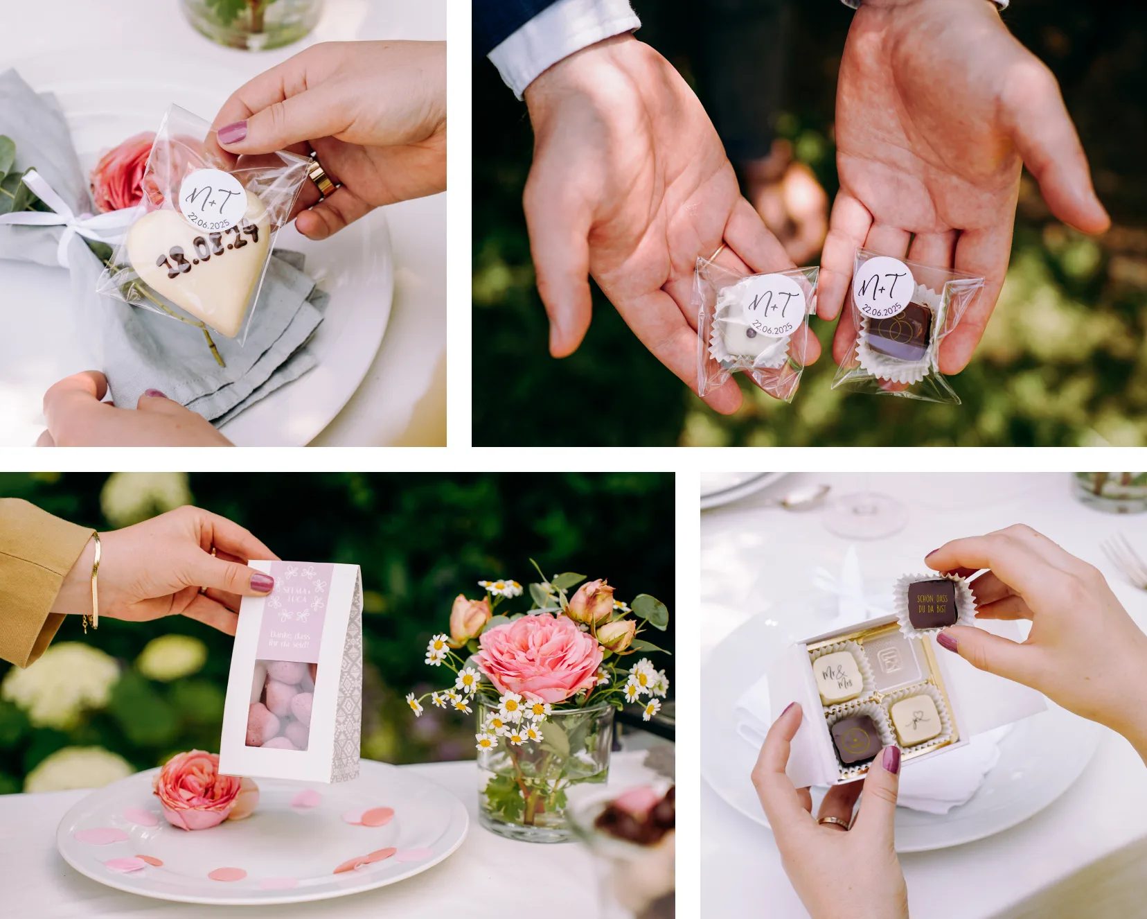 Group 3172 Vier Fotos mit Beispielen von Hochzeits Give-Aways und als Hochzeitstisch Dekoration - Schokoladenherz mit Datum, Praline einzeln eingepackt mit Etikett, Giebelverpackung als Namenskarte, 4 Pralinen mit Hochzeitsmotiv in Geschenkverpackung