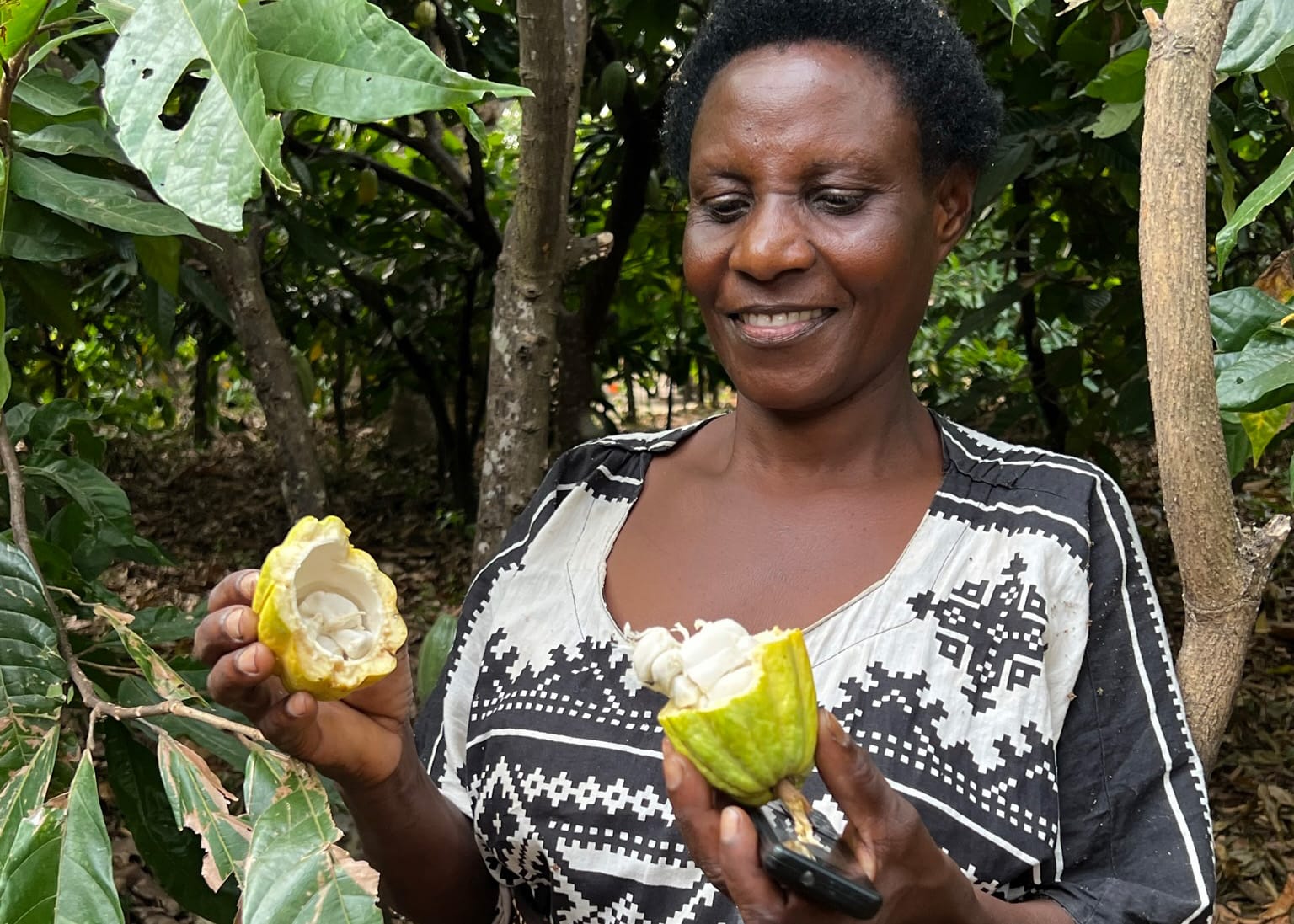 Eine Kakaobäuerin steht auf einer Kakaoplantage, hält eine geöffnete Kakaofrucht in den Händen, schaut sie an und lächelt