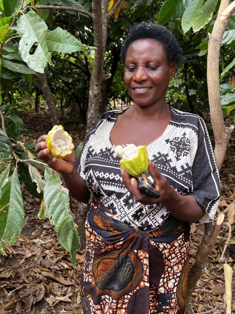Stolze Kakaobäuerin hält eine geöffnete Kakaofrucht in ihren Händen - im Hintergrund Kakaobäume