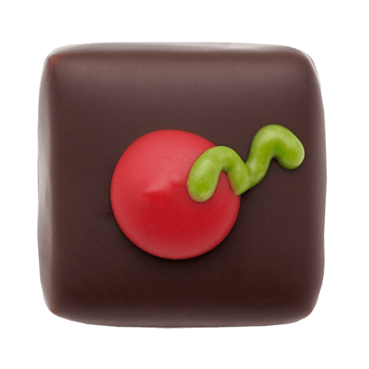 Eckige Praline mit dunkler Schokolade überzogen, dekoriert mit einem roten Apfel und grünem Wurm aus weißer Schokolade mit Farbe