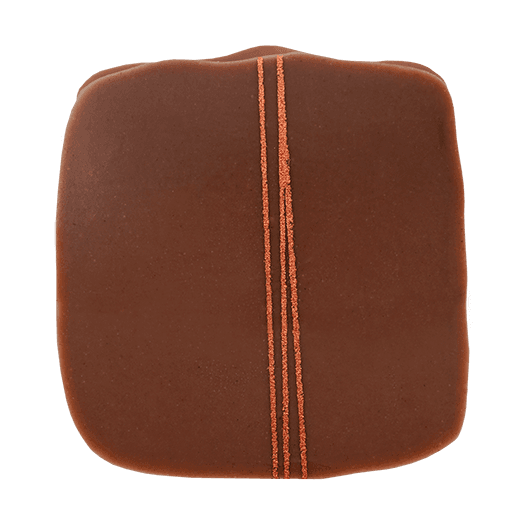 Eckige Praline mit Milchschokolade überzogen und drei feinen Strichen dekoriert in Metallic Orange