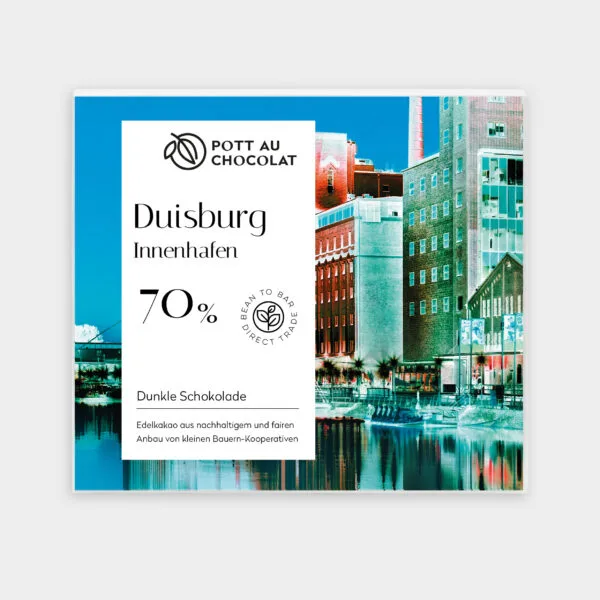 Verpackung einer Tafel dunkler Schokolade mit dem Motiv Innenhafen in Duisburg