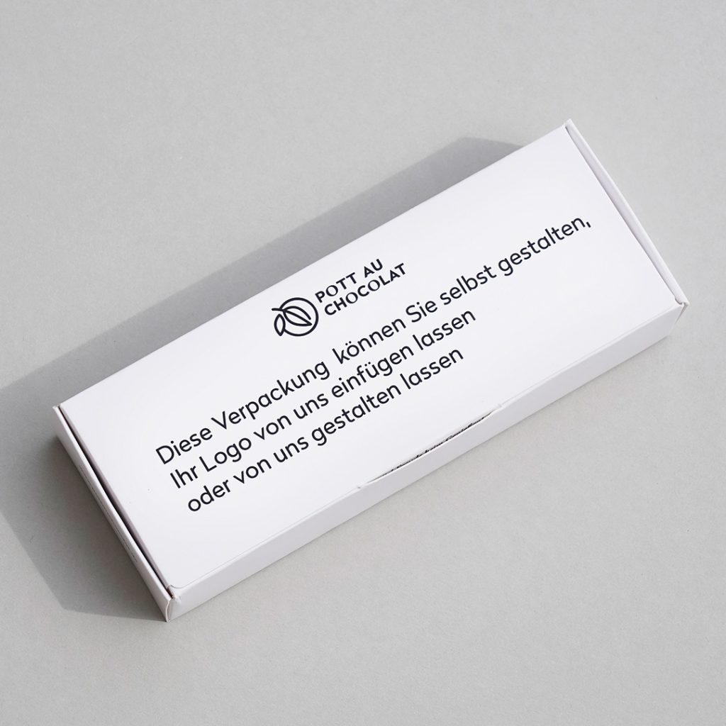 Weiße Schachtel für 10 Pralinen bedruckt mit der Info, dass diese Verpackung individuell gestaltet werden kann.