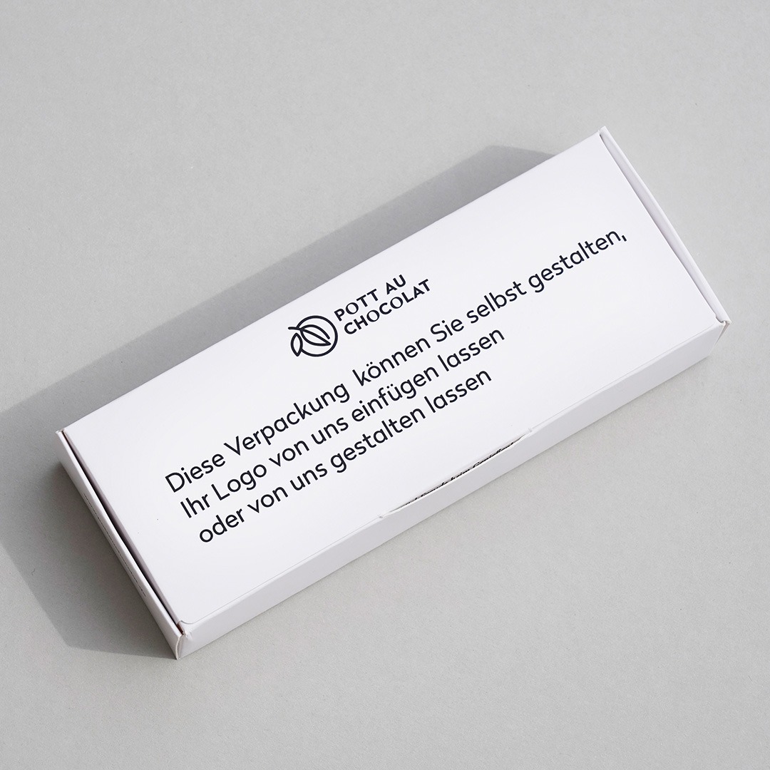Weiße Schachtel für 10 Pralinen bedruckt mit der Info, dass diese Verpackung individuell gestaltet werden kann.