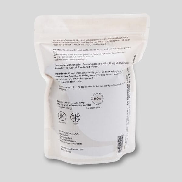 Verpackung Kakaoschalentee Rückseite - Weisser Standbodenbeitel mit Produktinformationen