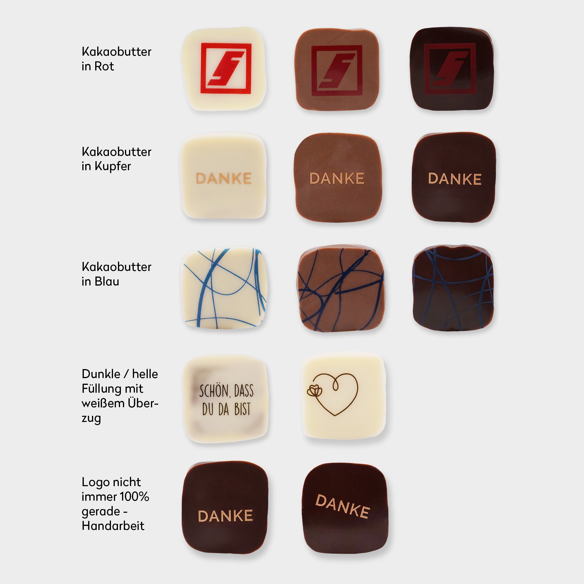 Übersicht von Pralinen, die durch Kakaobutter mit Logos bedruckt sind. Die Übersicht zeigt, wie verschiedene Kakaofarben auf unterschiedlicher Schokolade aussieht.