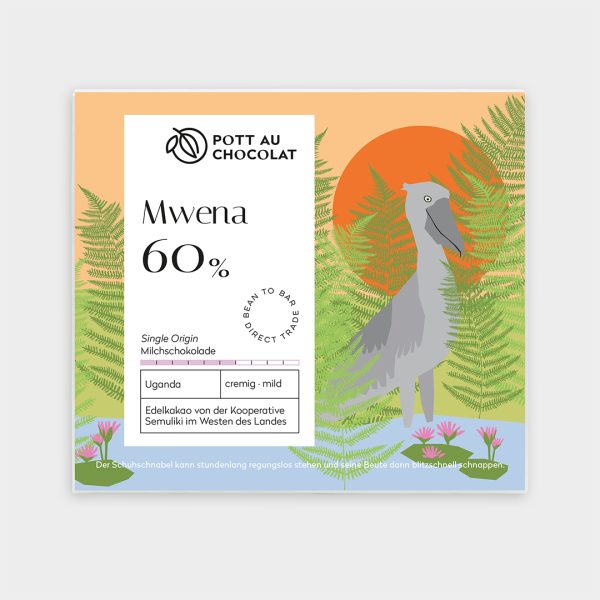 Vorderseite der Milchschokolade Mwena 60% Kakao mit bunter Illustration eines Schuhschnabels, der in einem See steht.