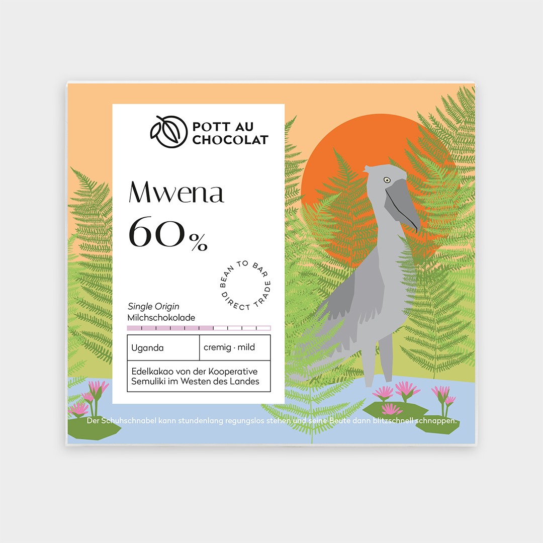 Vorderseite der Milchschokolade Mwena 60% Kakao mit bunter Illustration eines Schuhschnabels, der in einem See steht.