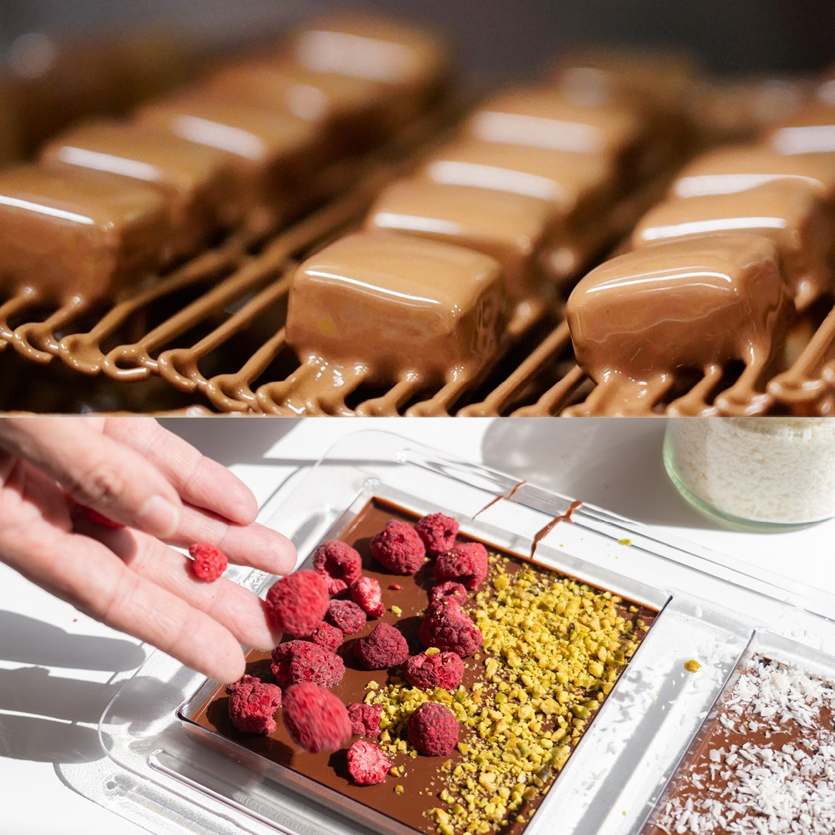Zweigeteiltes Bild für Pralinenkurs und Schokoladenseminar: oben ein Foto mit Pralinen, die frisch überzogen wurden und unten eine Hand, die eine Schokoladentafel mit Himbeeren dekoriert.