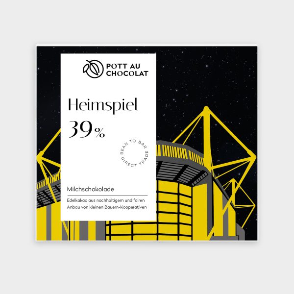 Vorderseite der Tafel Heimspiel 39% mit dunklem Sternenhimmel und gelben Stadion aus Dortmund