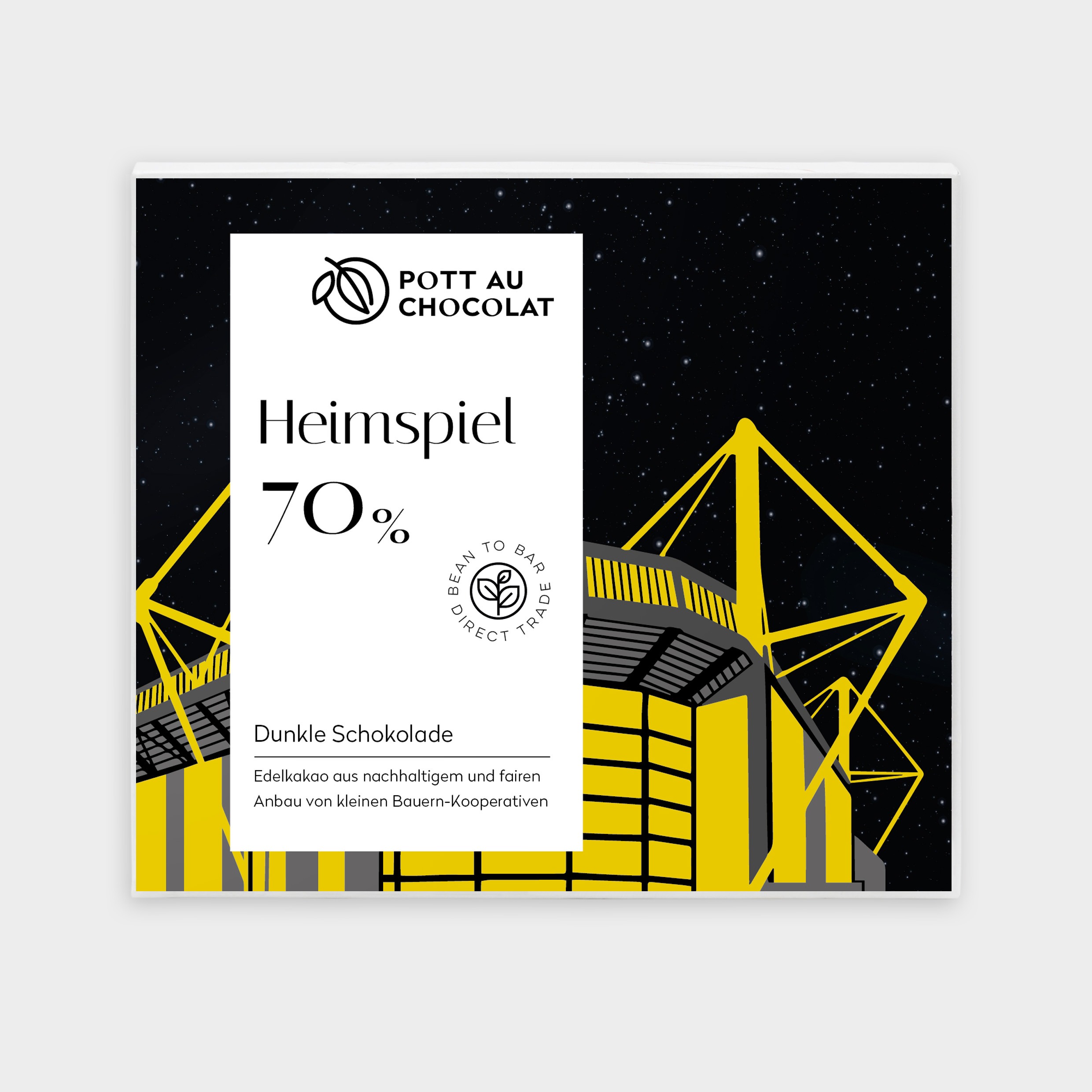 Vorderseite der Tafel Heimspiel 70% mit dunklem Sternenhimmel und gelben Stadion aus Dortmund