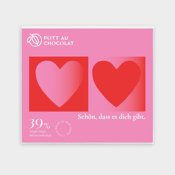 Aufschrift auf der Tafel 'Schön, dass es dich gibt' in weiß, mit zwei Herzen in rot und rosa auf rosa Fläche. Kakaoanteil: 39% mindestens