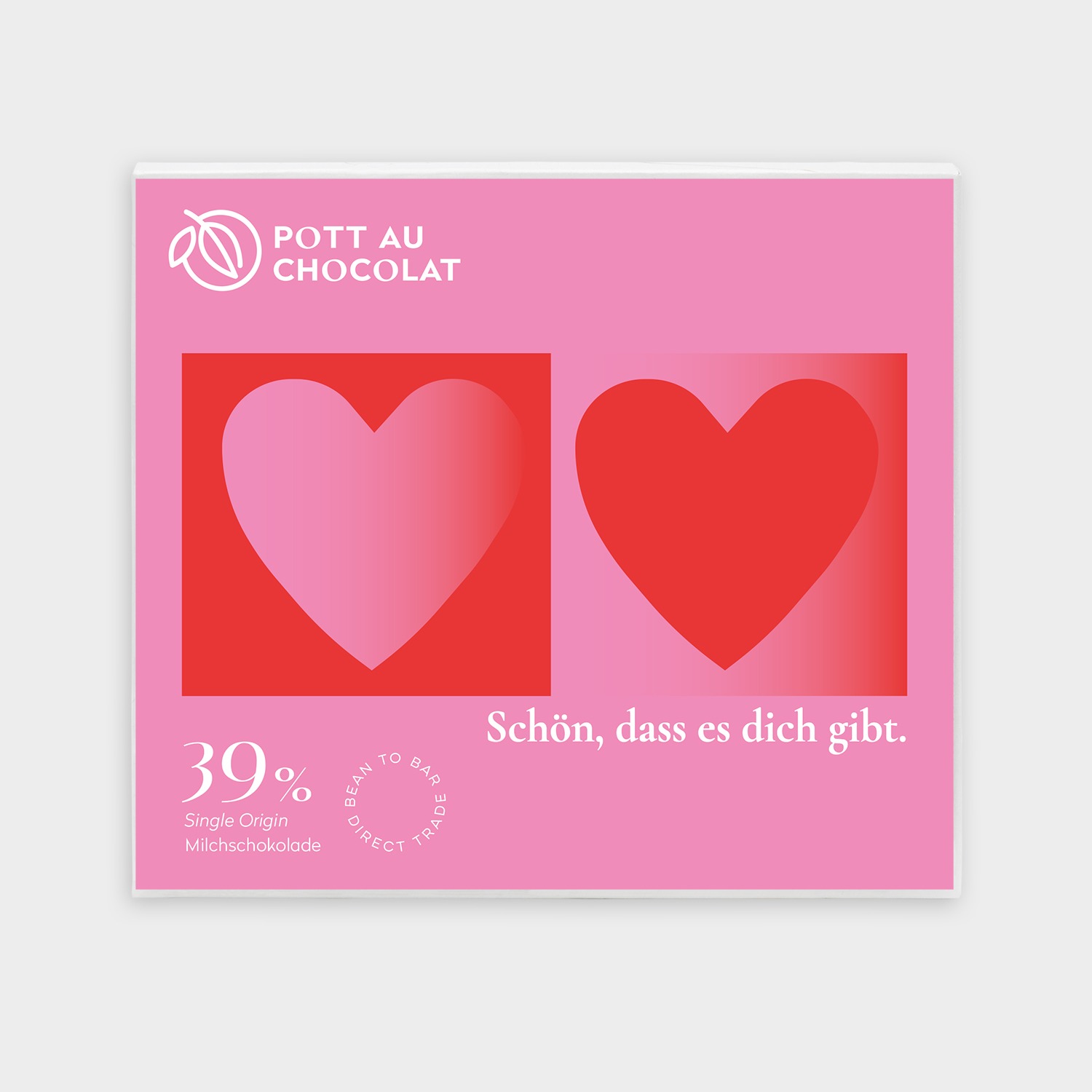 Aufschrift auf der Tafel 'Schön, dass es dich gibt' in weiß, mit zwei Herzen in rot und rosa auf rosa Fläche. Kakaoanteil: 39% mindestens