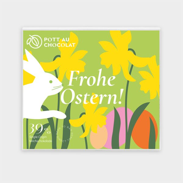 Schokoladenverpackung Milchschokolade mit Oster-Design in grün mit Illustrationen: Hase, Narzissen und Eier