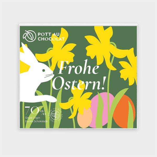 Schokoladenverpackung dunkle Schokolade mit Oster-Design in dunkelgrün mit Illustrationen: Hase, Narzissen und Eier