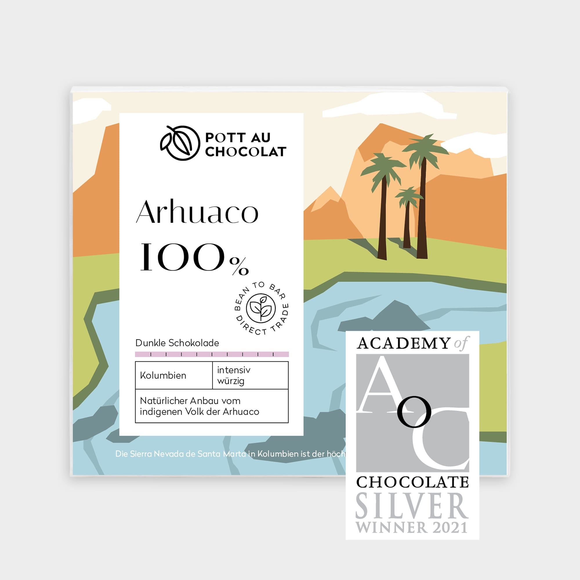 Verpackung einer Schokoladentafel von Pott au Chocolat mit einer Illustration der Landschaft Sierra Nevada de Santa Marta in Kolumbien. Zu sehen sind ein Fluss, Berge und Palmen. Farben des Designs: Hellblau, Graublau, Hellgrün, Grün, Dunkelgrün, Hellorange, Orange, Beige