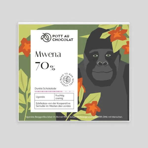 Verpackung einer Schokoladentafel von Pott au Chocolat mit einer Illustration eines Berggorillas, umgeben von Pflanzen und Blüten. Farben des Designs: Hellgrau, Dunkelgrau, Hellgrün, Dunkelgrün, Orange