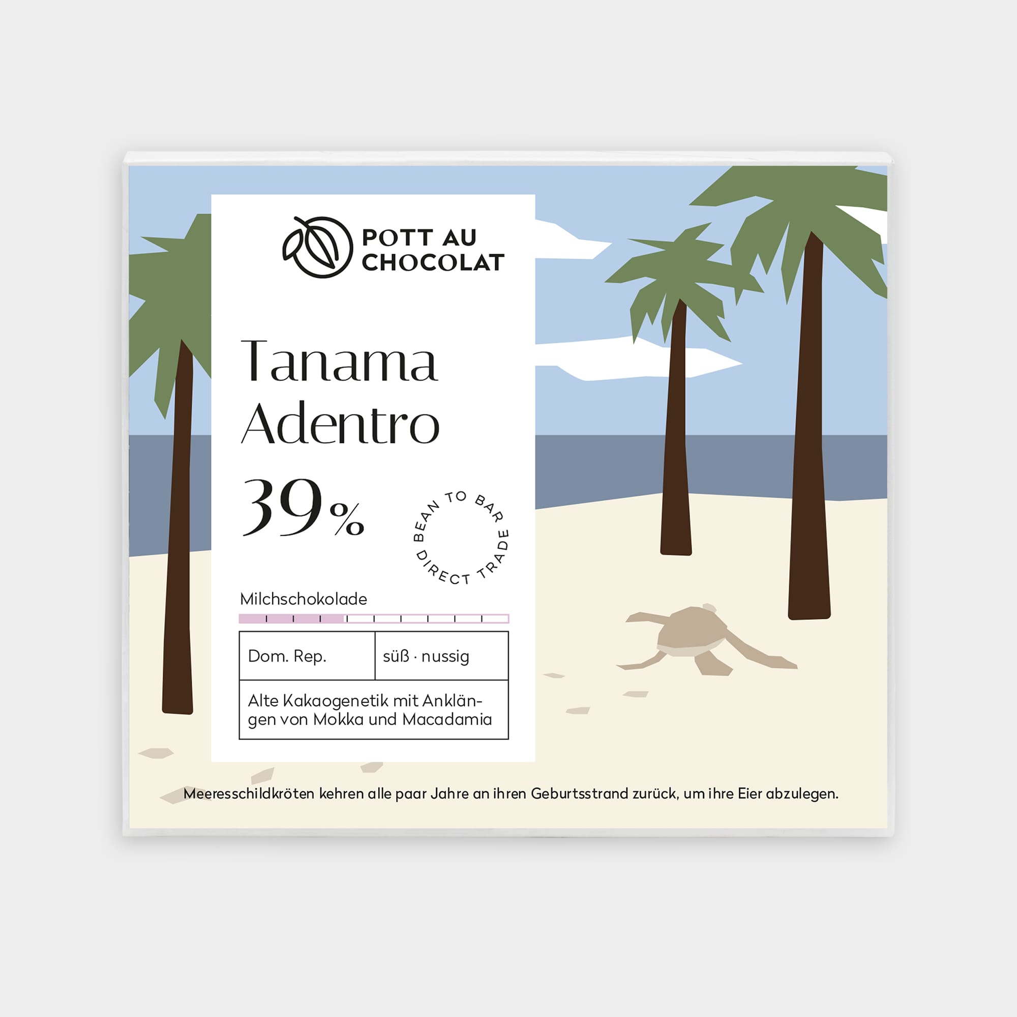 Verpackung einer Schokoladentafel von Pott au Chocolat mit einer Illustration von einem Strand mit Meer, Palmen und einer Schildkröte, die über den Sand ins Meer läuft. Farben des Designs: Helles Gelb, grün, blau und braun.
