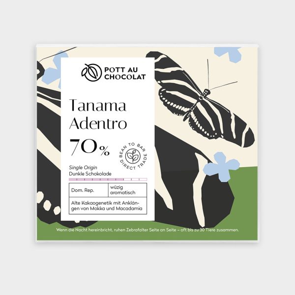 Verpackung Tanama Adentro 70% mit einem Motiv in schwarz, weiß und grün mit Faltern.