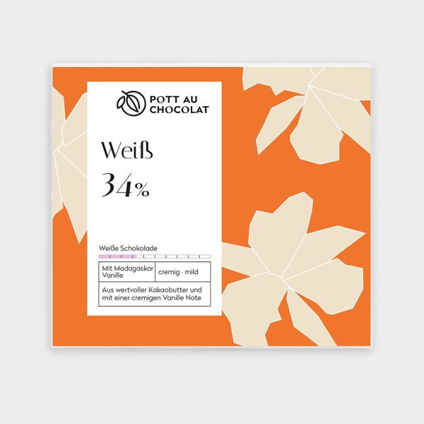 Verpackung einer Schokoladentafel von Pott au Chocolat mit einer Illustration von abstrakten Hellbeigen Blüten auf orangenem Hintergrund