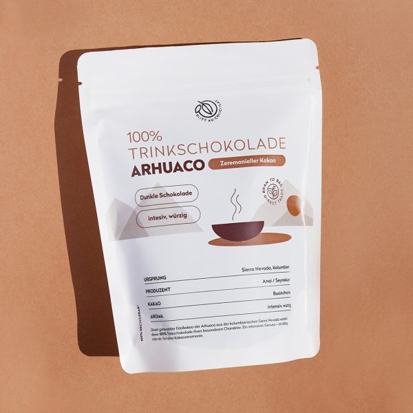 Trinkschokolade Arhuaco 100 in einer weißen PET Tüte