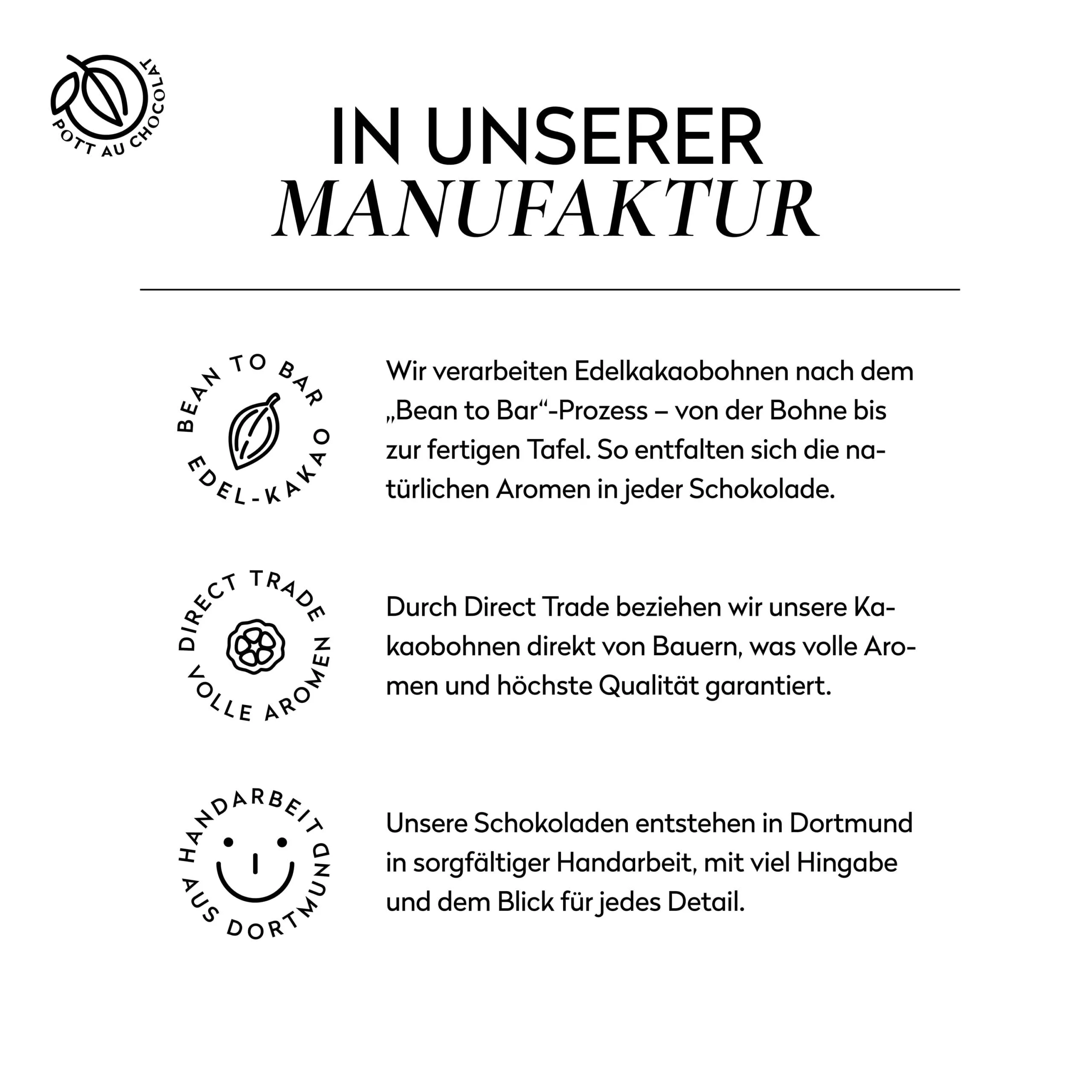 Informationen zu unserer Manufaktur: Bean to Bar aus Edelkakao, Direct trade und volle Aromen und Handarbeit aus Dortmund