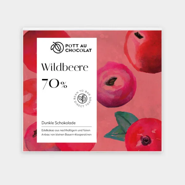 Verpackung unserer dunklen Schokolade belegt mit Wildbeeren. Eine Aquarellzeichnung von roten Cranberry-Früchten vor blass rotem Hintergrund darauf ein weißes Rechteck mit der Bezeichnung und unserem Logo
