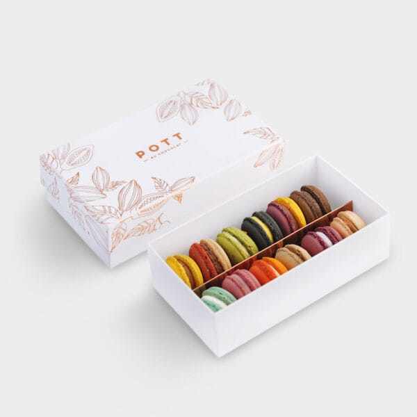 Bunte Macarons in einer zweireihigen Geschenkbox von Pott au Chocolat – 12er Set mit verschiedenen Sorten. Vorne die geöffnete Box. Dahinter der Deckel mit einer Rosé-Gold Prägung von Kakaofrüchten und Blättern. In der Mitte das Logo