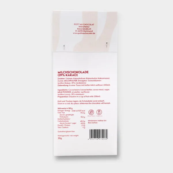 Rückseite der Verpackung der heißen Milchschokolade am Stiel mit Inhaltsstoffen und weiteren Informationen