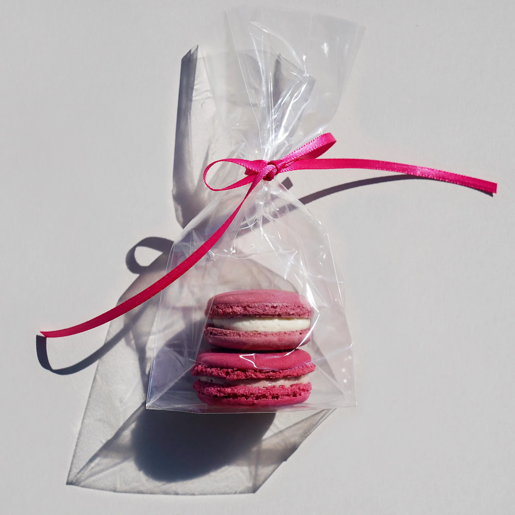 zwei Macarons in einem transparenten Tütchen mit pinker Schleife als Beispiel für ein Hochzeits Give-Away