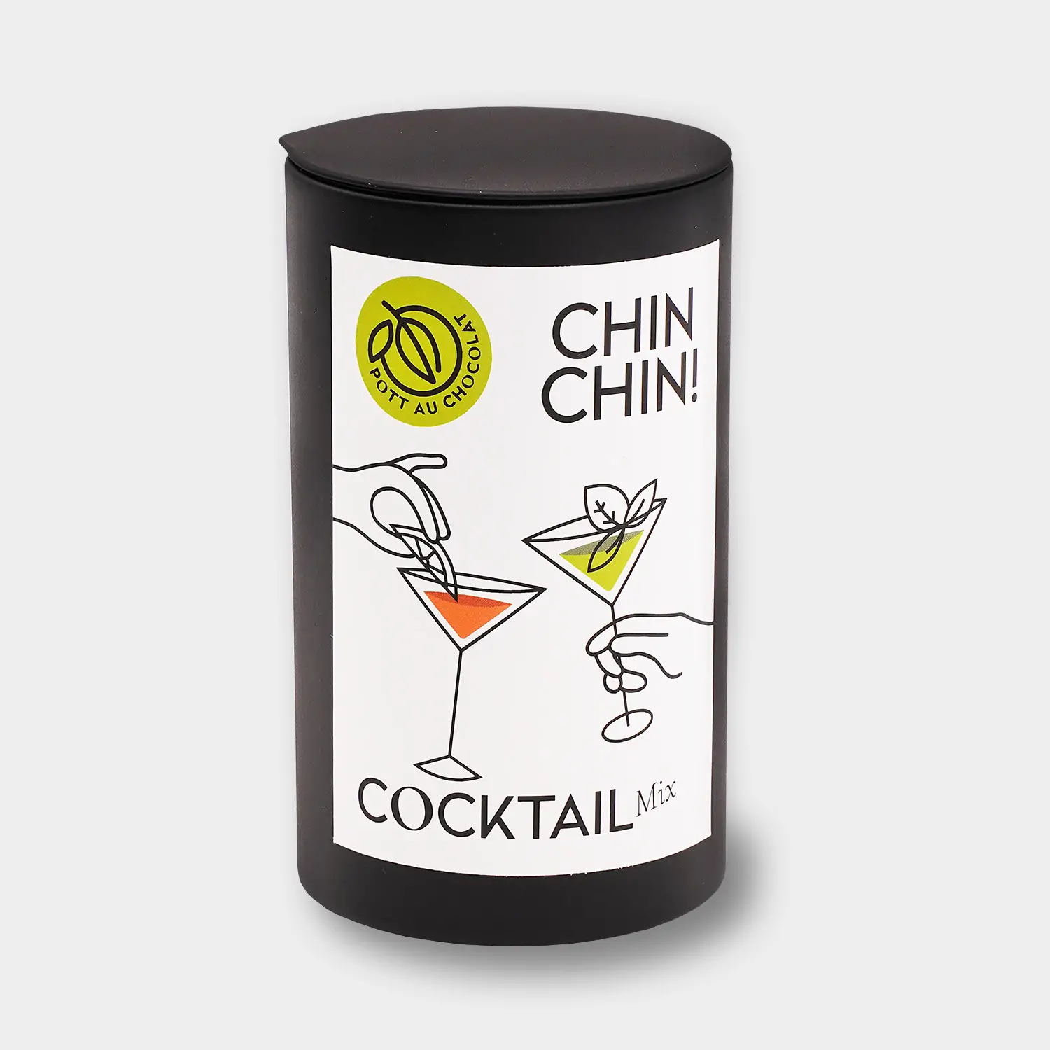 Cocktail-Trüffel-Edition Verpackung. Eine runde schwarze Metalldose mit weißem Etikett mit Motiv. Zwei Hände halten jeweils ein Cocktail Glas.