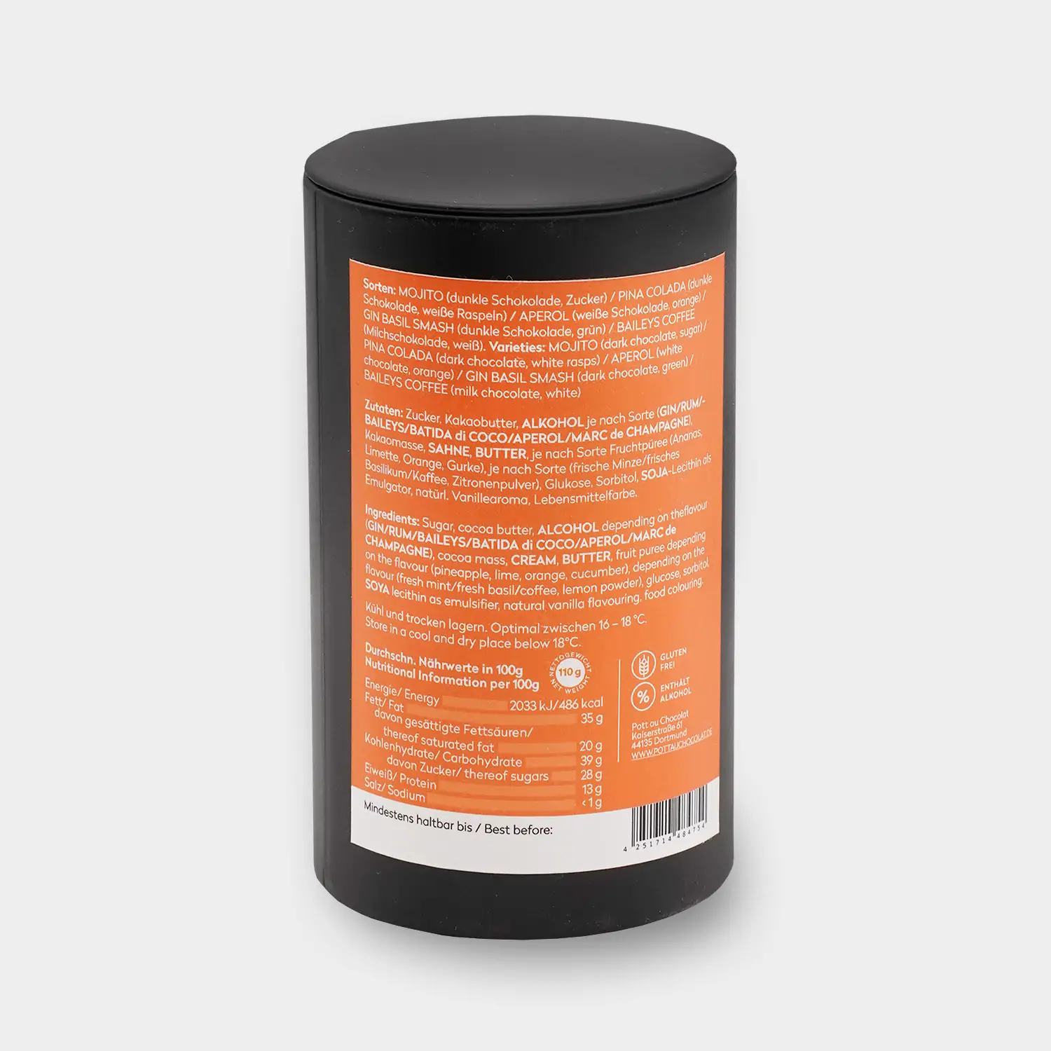 Rückseite der Cocktail Mix Pralinen Verpackung. Eine runde schwarze Metalldose mit Etikett in orange und Inhaltsstoffen und Nährwerten in weiß.