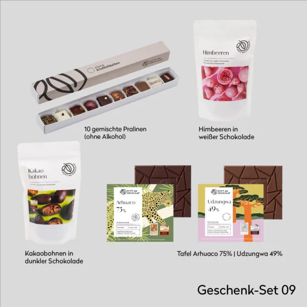 Übersicht der Produkte, die in der Geschenkbox sind. eine 10er Stange Pralinen, dragierte Himbeeren, dragierte Kakaobohnen, zwei pure Tafelschokoladen