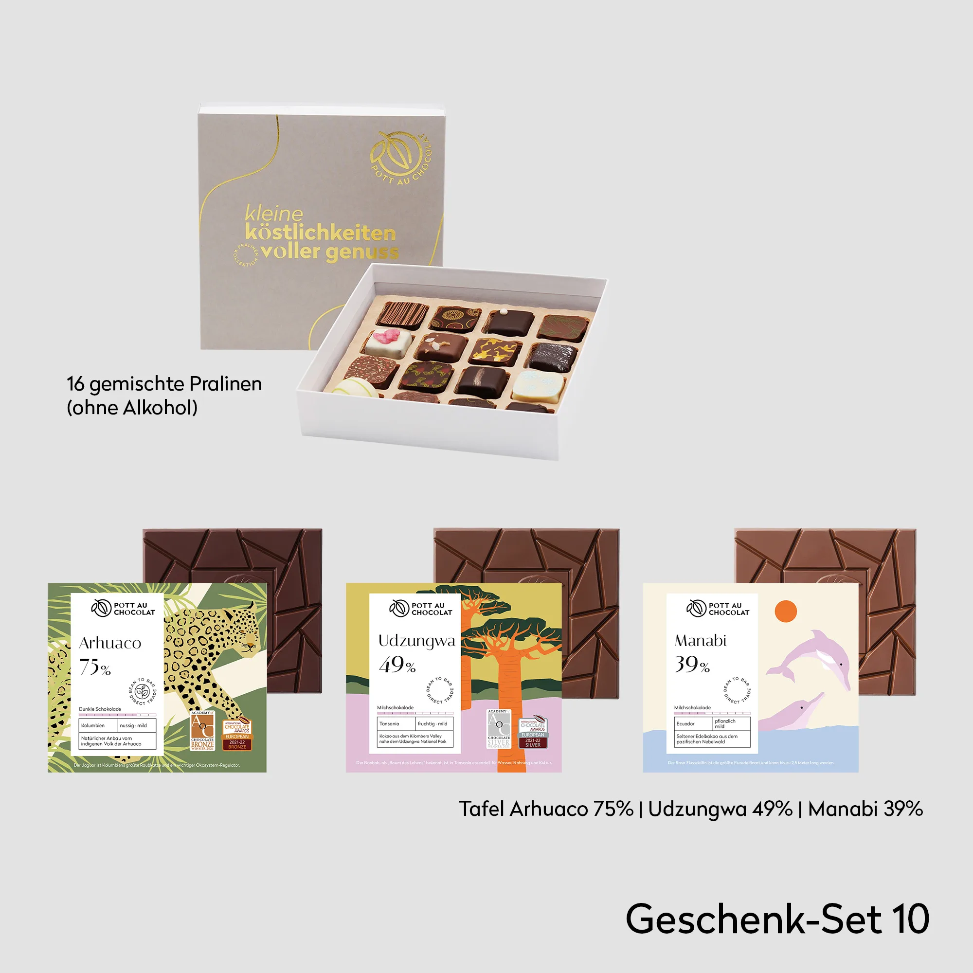 Übersicht der Produkte, die in der Geschenkbox sind: Pralinenbox mit 16 Pralinen "kleine Köstlichkeiten - voller Genuss" und drei pure Tafeln Schokolade