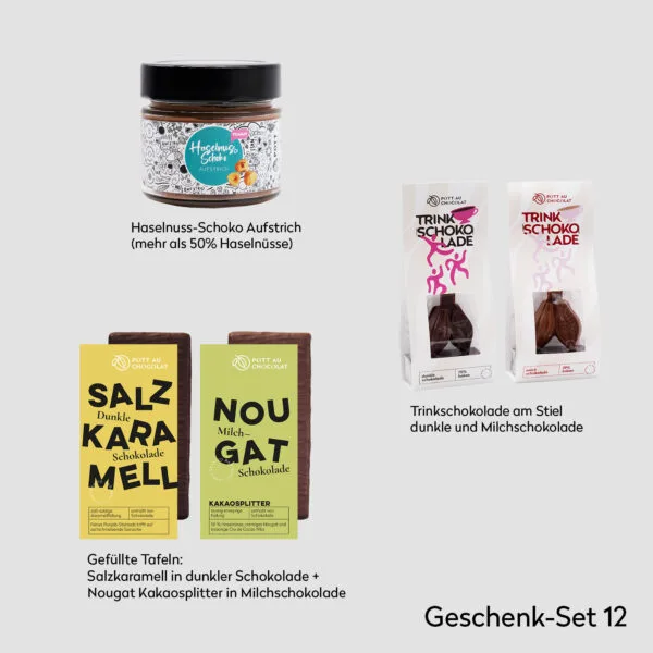 Übersicht der Produkte, die in der Geschenkbox sind: zwei gefüllte Tafeln (Nougat und Salzkaramell), Milch und dunkle Trinkschokolade am Stiel, Haselnuss-Schoko-Aufstrich