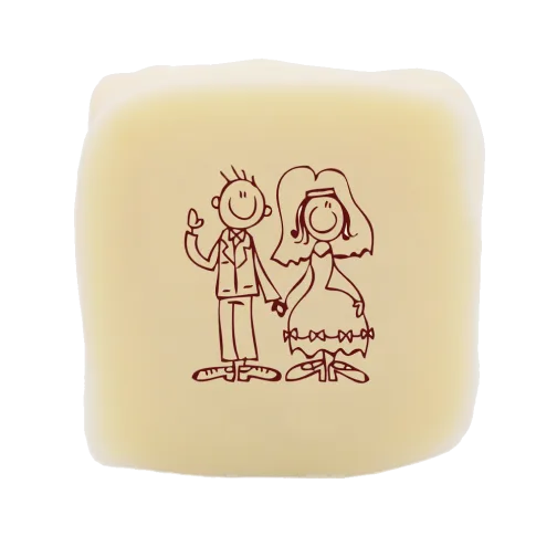 Pott-au-chocolat-Hochzeitspralinen-Hell-Hochzeitspaar-Montage_trans 1 Praline mit weißem Überzug und Aufdruck eines Hochzeitspaares als Zeichnung