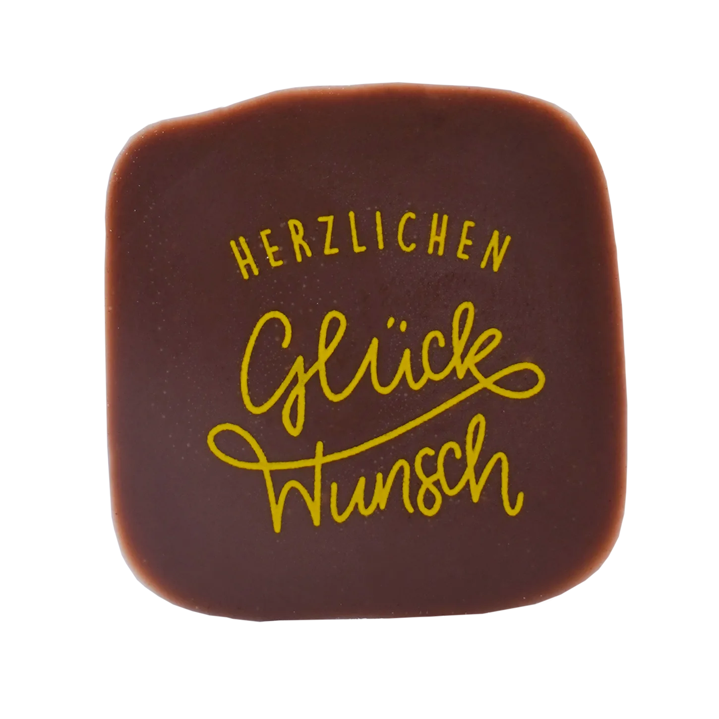 Pott-au-chocolat Praline mit Spruch Herzlichen Glückwunsch in dunkeler Schokolade