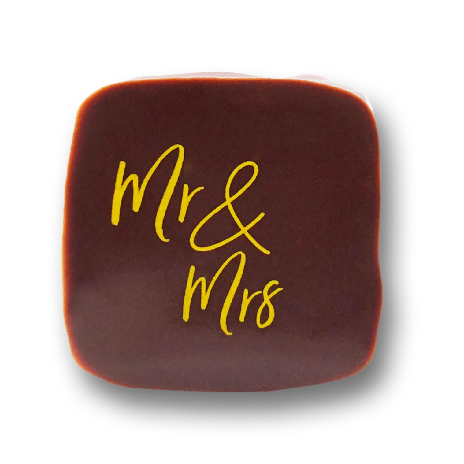 Pott-au-chocolat Hochzeitspraline mit Aufdruck Mr & Mrs in dunkler Schokolade